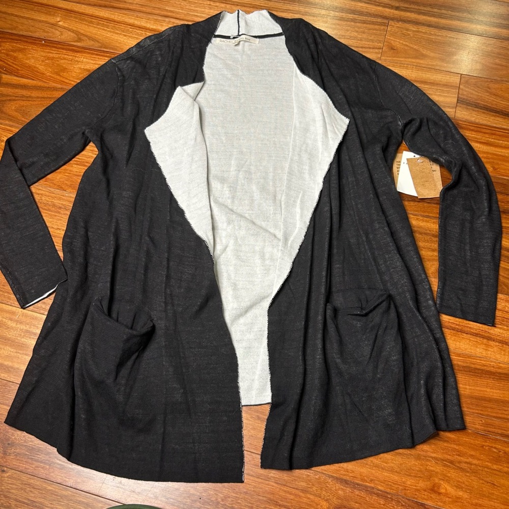 Rachel Roy Open Front Cardigan Black Ivory Lightweight Pockets Womens XS